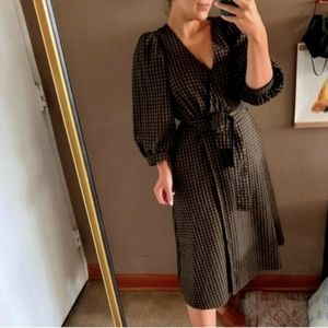 Blue/Green Gingham Wrap V-Neckline Midi Dress | MISSING METAL FASTENER TO CLOSE